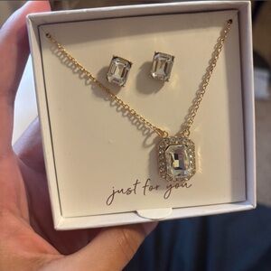 Gold-Tone Clear Crystal Pendant Necklace and Stud Earring Set